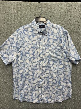 Short-Sleeve Blue Leaf Print Button-Down Shirt